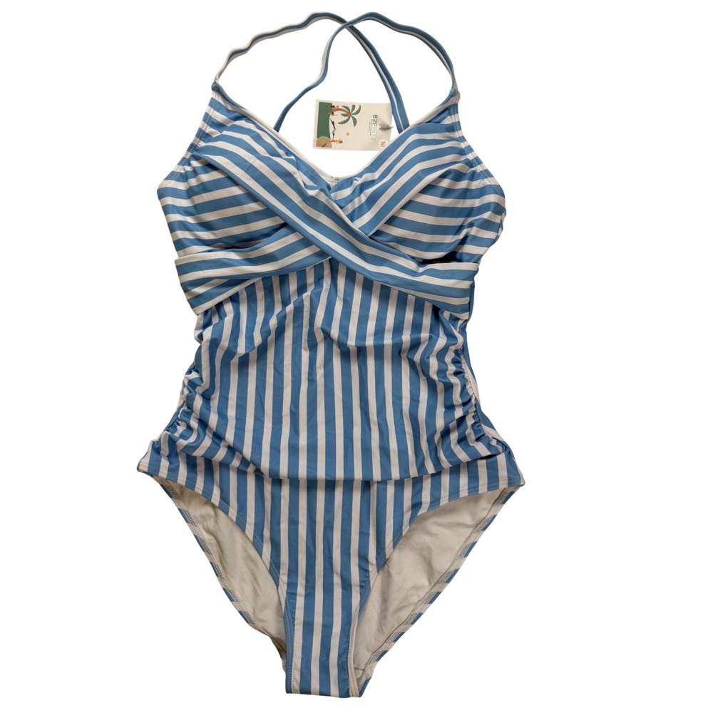 B2PRITY Blue White Striped One Piece Swimsuit‎ Crossover Ruched Tummy Control M